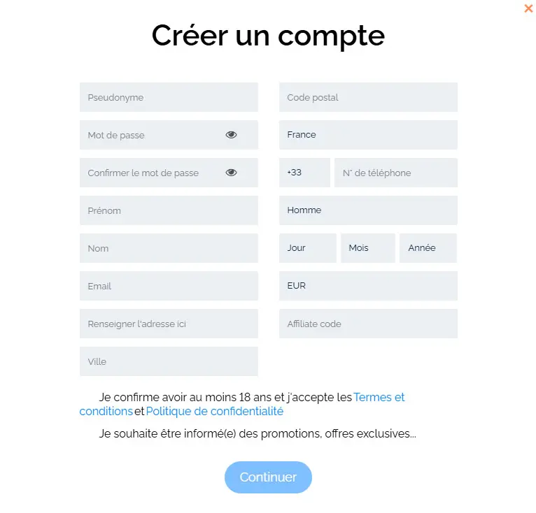 Registration process TORTUGA CASINO